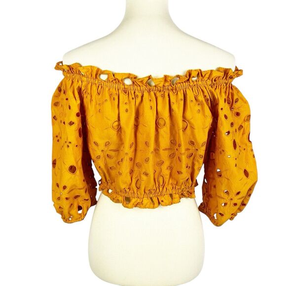 Walter Baker Mirelle Marigold Eyelet Off Shoulder Puff Sleeve Crop Top Large - Picture 4 of 9
